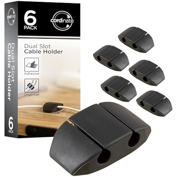 Cordinate Dual Slot Cable Management Dots, Cord Organizer Cable Holder Clips, Desk Cable Management Cable Organizer, Charging Cable Holder for Nightstand, Desk Cable Straps, 6 Pack, Black, 46091-RF1