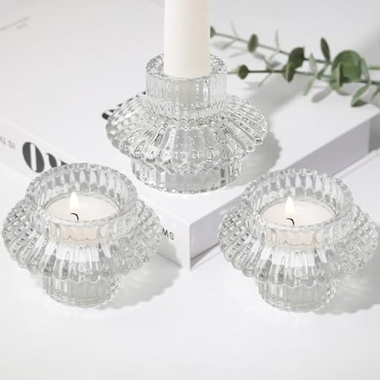 Reversible Candlestick Holders Set of 3, Clear Glass Taper and Tealight Candle Holders for Table Centerpiece, Wedding, Party, Home Decor