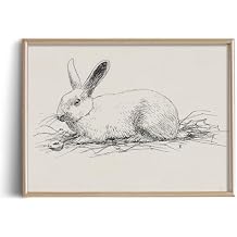 Rabbit Easter Bunny Drawing Etching Rustic Gray Picture - Cute Rabbit Art Print Poster - Vintage Farmhouse Engrave Wall Art - Grey Neutral Sketch - Minimalist Mid Century French Country Room Decor