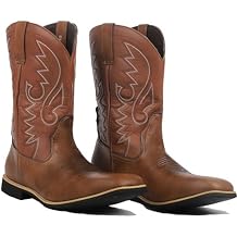 Western Work Boots For Men Square Toe Leather Lightweight Boots Pull On Mid Calf Men'S Cowboy Boots