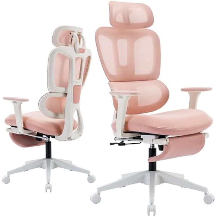 Ergonomic Office Chair with Footrest, High Back Computer Office Chair with Dynamic Lumbar Support, 2D Headrest, 2D Armrest, Sponge Seat, Mesh Home Office Desk Chair for Adults, Pink