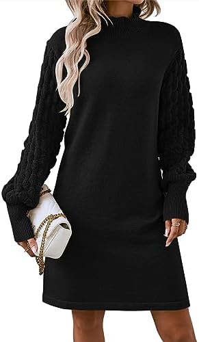 HUUSA Winter Dresses for Women 2025 Fall Puff Long Sleeve Sweaters Loose Mock Neck Outfits Sexy Mini Dress Going Out