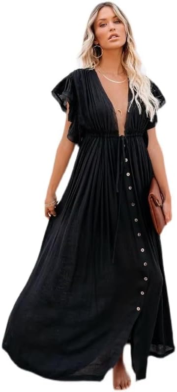 Women's Ruffled V-Neck Maxi Beach Dress, Button Down Drawstring Swim Cover Up, Floor-Length Plus Size Vacation Sundress