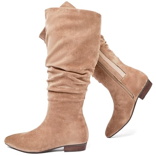 Womens Extra Wide Calf Knee High Boots, True Wide Width Long Slouchy Boots for Ladies, Low Flat Heel Casual Combat Tall Boots for Women.
