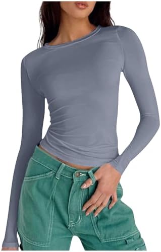 Womens Skinny Tops Fashion Long Sleeves Crewneck Cropped Top Solid Color Basic Tee Shirts Soft Comfy Tunic Top Blouses