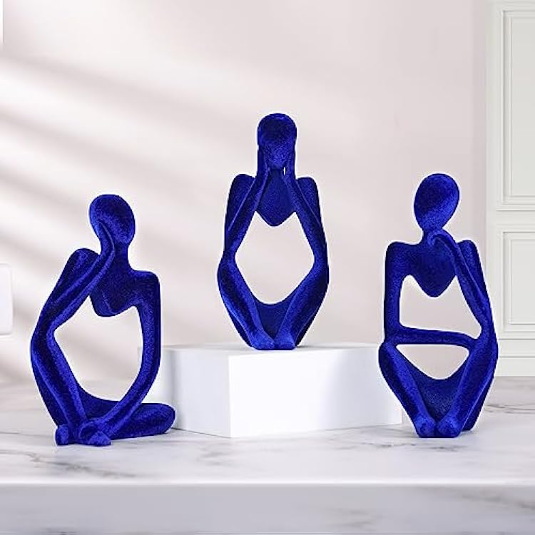 Thinker Statue Home Decor - Set of 3 Modern Abstract Art Sculpture Bookshelf Decor, Blue Velvet Collectible Figurines Decorations for Living Room Office Womens Day Gift Blue