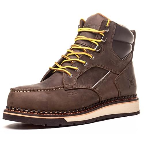 MWORK 6 Moc Toe Work Boots For Men Wedge Sole Leather Waterproof ASTM F2413-18 Safety Metallic Toe EH Rated Arch Support Anti Fatigue
