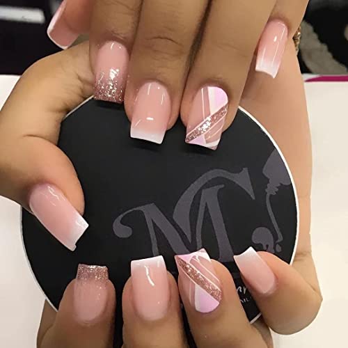 Ombre Pinkish-orange Press on Nails Short Square Shape Glue on Nails Glitter Sequins Gradient Light Pink Cute Fake Nails with Designs for DIY Nail Art Salon Gifts for Women Girls,24 PCS False Nails