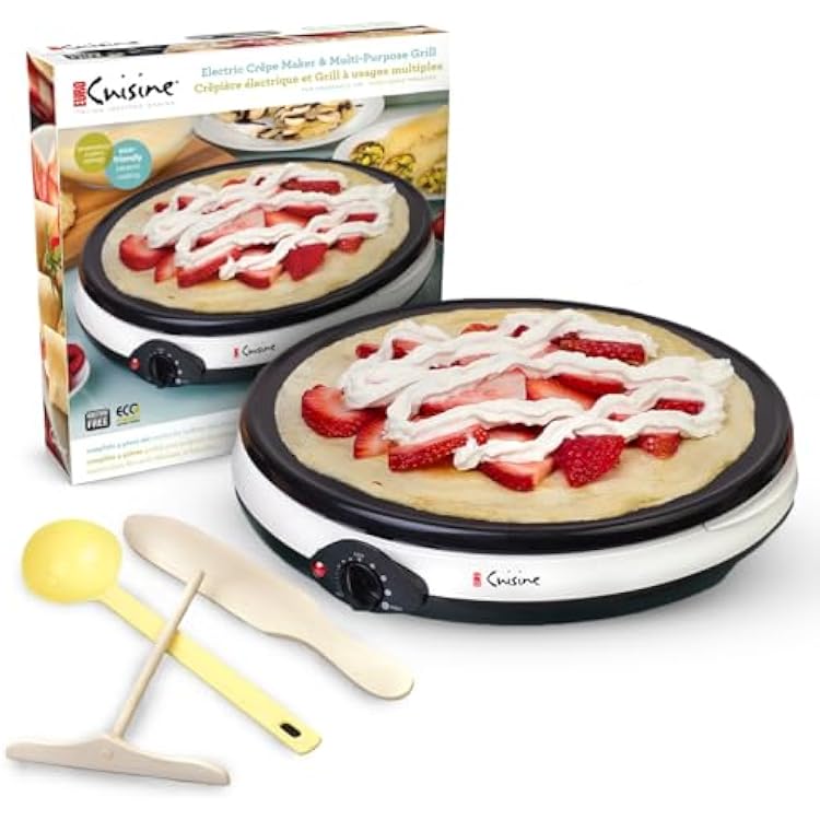 Euro Cuisine CM20 Electric Crepe Maker, 12 Inch Ceramic Non-stick Pan PTFE PFOA Free, Adjustable Temperature Setting, Also Makes Roti, Dosa, Pancakes, Includes Batter Spreader, Turner and Ladle