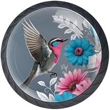 4 Pieces Drawer Knobs Hummingbird Flowers Kitchen Cabinet Knobs Black Drawer Pulls Dresser Knobs, Glass Knobs for Kitchen Cabinet Hardware Bathroom 35MM
