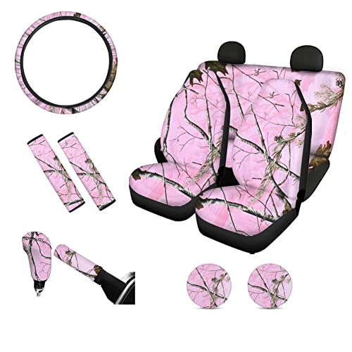 FKELYI Pink Camo Car Seat Covers Full Set for Front&Back Seat Protector,Camouflage Hunting Gear Shift Cover&Handbrake Cover,Stretch Steering Wheel Cover,Seat Belt Pads,Cup Coasters