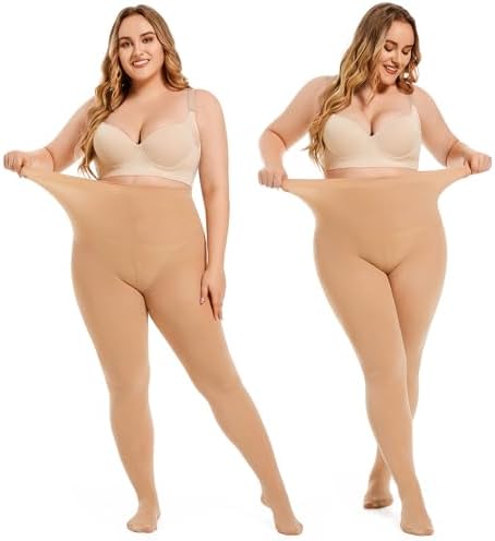 Plus Size Tights for Women 80D Soft Solid Color Opaque Pantyhose High Waist Control Top Stockings 2 Pairs