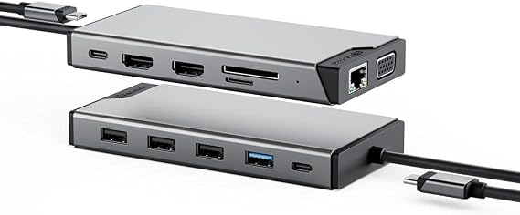 ALOGIC USB-C 12-in-1 Mini Docking Station, Triple Display with 2 HDMI & VGA, 100W Power Delivery, USB-C & USB-A Hub, Gigabit Ethernet, SD/microSD Reader for Windows, Mac & Chromebook