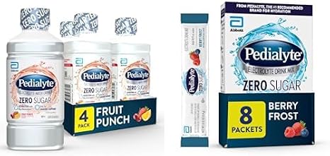 Pedialyte Zero Sugar Hydration Bundle - Electrolyte Water Fruit Punch (1L, Pack of 4) & Berry Frost Drink Mix (8 Powder Packets)