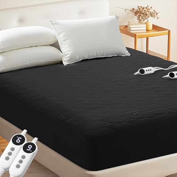 MASVIS Heated Mattress Pad Queen Size - Dual Control, 6 Heat Settings & 10-Hour Auto Off, Quilted Electric Bed Cover, Bed Warmer with Deep Pocket | Fast Heating | Machine Washable,Black,60x80