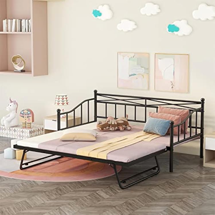 Metal Daybed with Trundle Heavy-Duty Day Bed with Pop Up Trundle for Living Room Bedroom, Black
