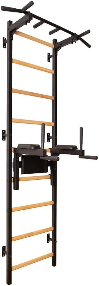 722B Swedish Ladder, Solid Beech and Steel Stall Bars with Fixed 6-Grip Pull-Up Bar and Dip Station, Wall Bars for Home Gym, Physical Therapy, Calisthenics, Black