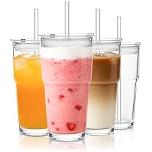 20oz Glass Tumbler with Lid and Glass Straw Set of 4, Clear Reusable Iced Coffee Cup, Drinking Glass for Coffee, Tea, Juice, Smoothies Durable & Elegant Glassware