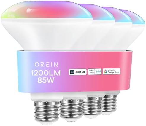 OREiN Smart Light Bulb,1200 Lumens BR30 Smart Flood Light Bulbs Work with AiDot App, Alexa, Google Home, RGBTW Color Changing Light Bulbs 2.4Ghz WiFi, 85W 4Pack