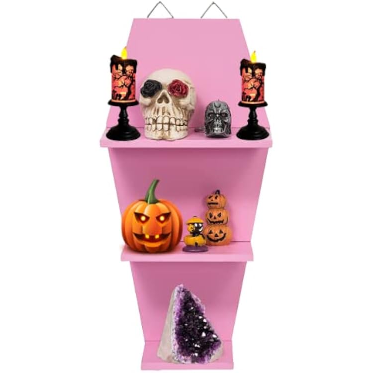 Black Coffin Shelf - Wall Hanging Gothic Room Decor - Display Floating Shelves for Goth Accessories, Halloween Home Decoration & Spooky Room Decor - 15 x 7 Pink
