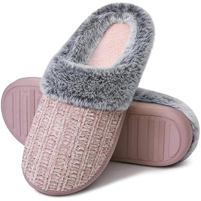 shoeslocker Womens Memory Foam Fuzzy Slippers Knit house shoe for Women Comfy Wool-Like Lined Slippers Indoor Outdoor