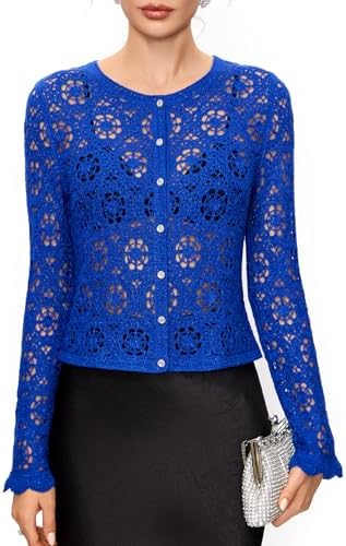 FAIRY SEASON Womens Crochet Cardigan with Golden Thread, Vintage Cropped Openwork Knit Sweater for Garden Party & Wedding