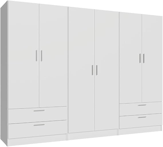 Madesa 6 Doors 4 Drawers Wardrobe Set Armoire Closet Bedroom Storage Cabinet with Shelves and Hanging Space 94" L Wooden Clothing Organizer Unit (White)