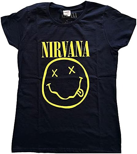 Nirvana T Shirt Yellow Smile Band Logo Official Womens Junior Fit Navy Blue Size M