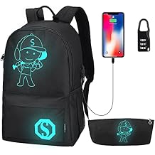 Kids Backpacks for Boys, Elementary School College Bookbag Lightweight Laptop Bag Baseball Anime Luminous Backpack with USB Charging Port, Anti Theft Lock and Pencil Case, Black