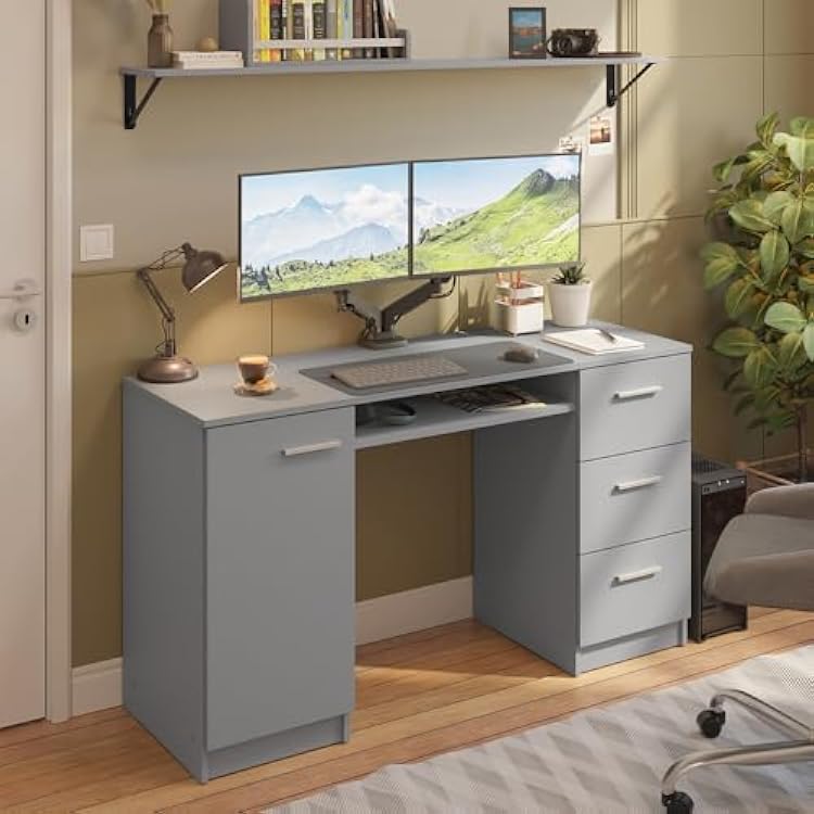 Madesa Computer Desk 53 Inch with 3 Drawers 1 Door and 1 Storage Shelf Ergonomic Wooden Home Office Gaming Writing Workstation Study Furniture - Grey