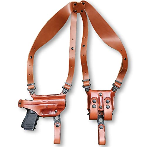 Masc Premium Leather Horizontal Shoulder Holster System with Double Magazine Carrier for P365 XMacro 3.7-inch, Right Hand Draw, Brown Color #1639#