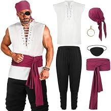 Boyiee 6 Pcs Mens Pirate Costume Medieval Renaissance Viking Shirt Ankle Banded Pants Pirate Accessories for Carnival Outfit