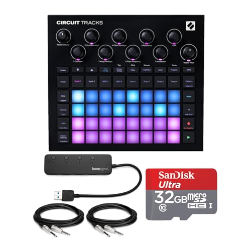 Novation Circuit Tracks Groovebox Bundle with 4-Port USB 3.0 Hub, 32GB microSD Card, and 14-Inch TRS Cables 2-Pack 5 Items
