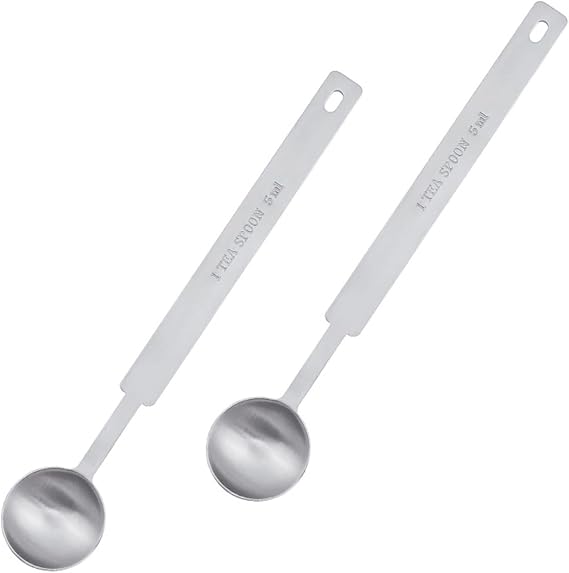 2pcs 304 Stainless Steel Measuring Spoon, 1 Teaspoon/5 mL | 1 Teaspoon/5 mL/5 cc | 1/6 oz | 1/3 Tablespoon, Long Handle Metal Single Measuring Spoon for Coffee Powder, Grains, Loose Tea