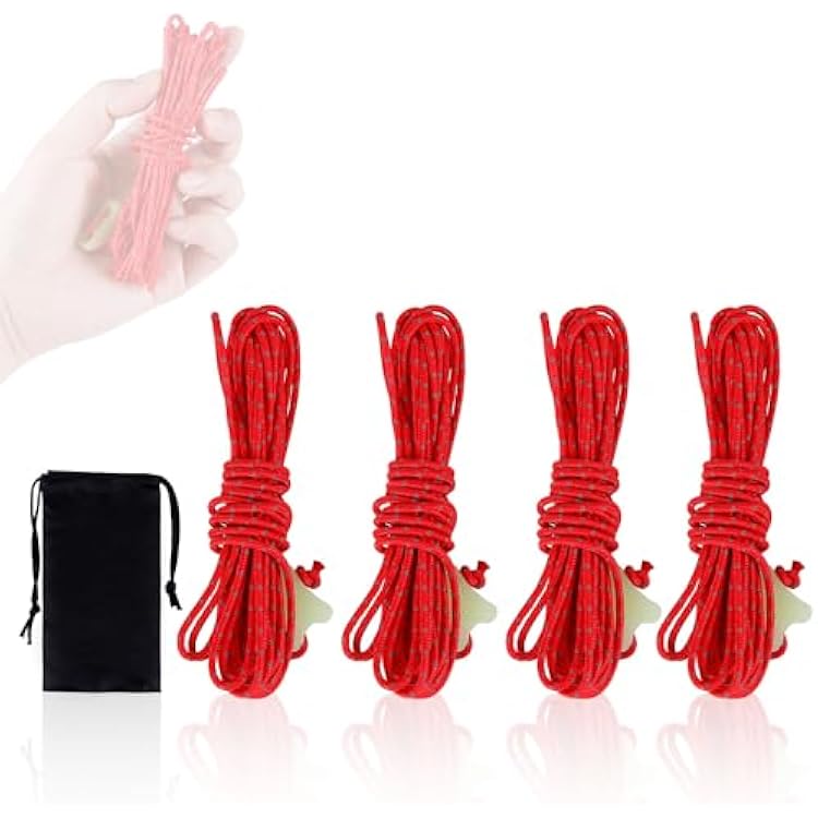 HIKEMAN Ultralight Tent Guy Ropes - 2mm Reflective Guyline,UHMWPE Camping Guide Rope with Luminescent Tensioner for Outdoor Camping Hiking Awning Tents Red, 4M