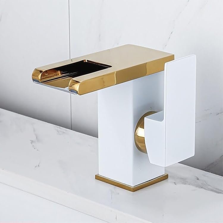 Bathroom LED Waterfall Faucet Sink Color Changes with Temperature Basin Mixer Deck Mounted Basin Tap Hot Cold Washbasin TapWhite Gold Short