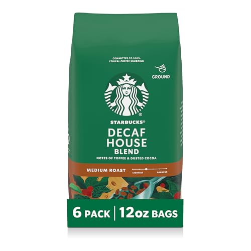 Starbucks Ground Coffee, Medium Roast Hot or Iced Coffee, Decaf House Blend, Six 12 oz Bags