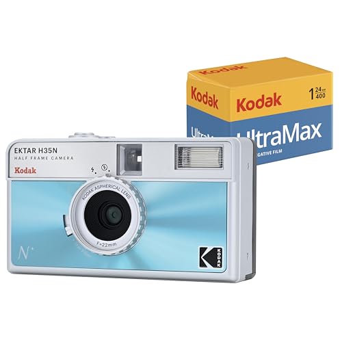 Kodak EKTAR H35N Half Frame Film Camera Bundle with Kodak Ultramax 40024EXP 35mm Roll Film Glazed Blue, Bundle