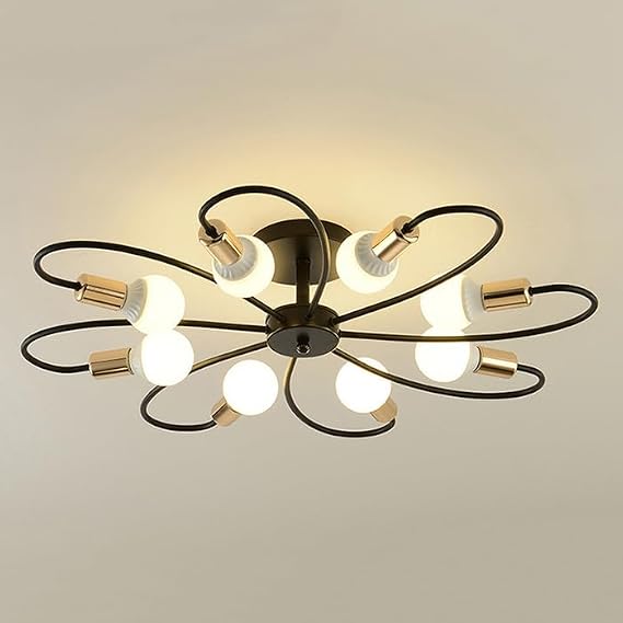 Mid-Century Modern Ceiling Light With 8 Lights, Metal Sputnik Chandelier LED Pendant Lighting Fixture For Bedroom Dining Room Living Room Porch Hotel (Bulbs Not Included)(Black+Gold)
