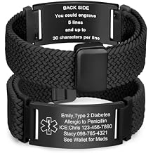 VNOX Medical Alert Id Bracelet for Men Women, Custom Engraving Elastic Braided Stretchy Loop Emergency Survival Medic Bracelets Wristband Loop Band with Replacement Tag