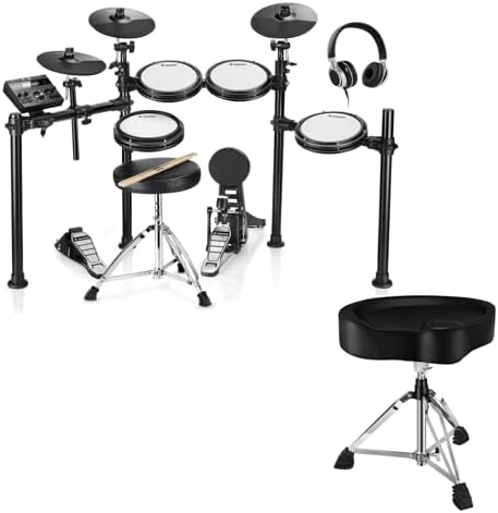 Donner DED-200 Electric Drum Sets with Quiet Mesh Pads, Bundle with Donner Heavy Duty Drum Throne, Motorcycle Style Drum Seat, Widened Chair with Upgraded Materials