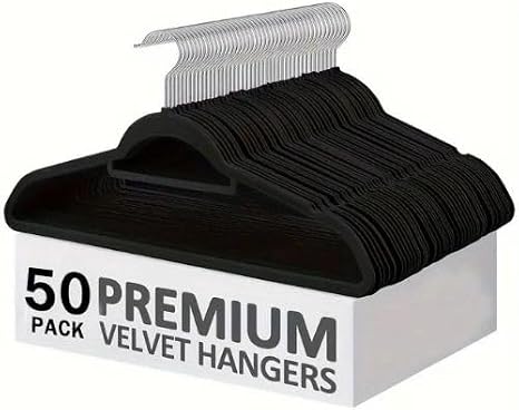 Tento Home Pack of 50 Black Velvet Non-Slip Suit Hangers Including Tie Holder 360° Silver Rotation