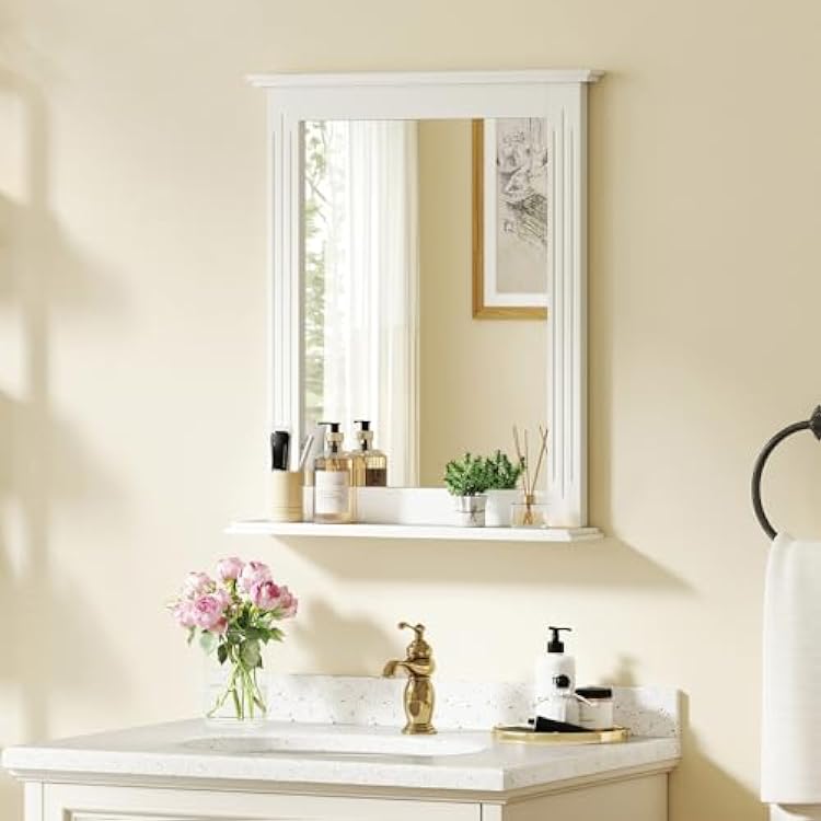 CHARMAID Bathroom Mirror with Shelf - 27 x 22.5 Wall Mirror Over Bathroom Sink, Wooden Frame Modern Rectangular Hanging Vanity Makeup Mirrors for Washroom, Entryway White,27 L x 22.5 W
