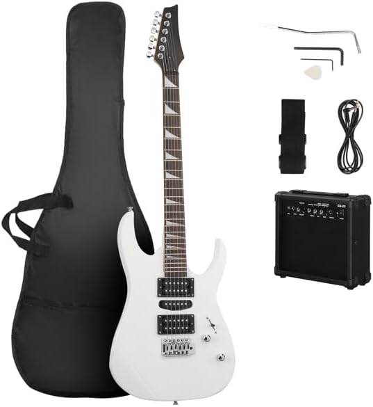 39" Full Size Electric Guitar Starter Kit with 20W Amplifier, Guitar Bag, Cable, Strap, Pick, Tremolo Bar, HSH Pickups Electric Guitars, Perfect Beginner Electric Guitar Set (White)