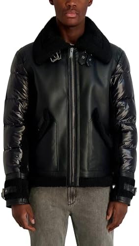 KARL LAGERFELD Mens Outerwear Faux Shearling Collared Mixed Media Jacket
