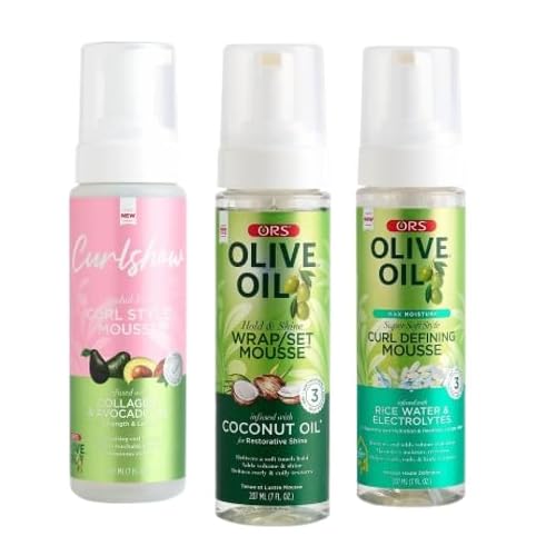 ORS Olive Oil Hold & Shine Wrap Set Mousse Infused with Coconut - Curlshow Curl Style Mousse Infused with Collagen & Avocado - Max Moisture Super Soft Style Curl Defining Mousse - Bundle