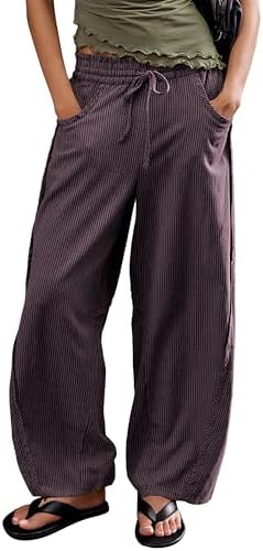 Women's Striped Barrel Pants Drawstring Waist Wide Leg Trousers with Pockets Casual Comfort for Office Lounge Travel