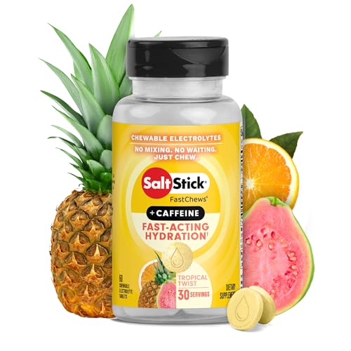 SaltStick Electrolyte FastChews with Caffeine - 60 Tropical Twist Chewable Salt Tablets for Running and Hydration, Electrolyte Chews - 60 Count