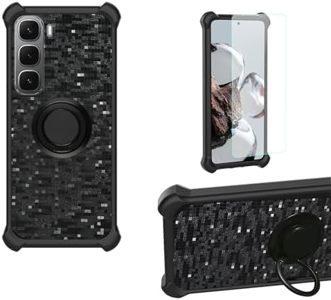 Case Compatible for Infinix Hot 60I X6728 Phone Case Cover [with 1 Tempered Glass Screen Protector] PC  Silicone [360 Metal Ring, Magnetic Car Mount] TZZH-HEI