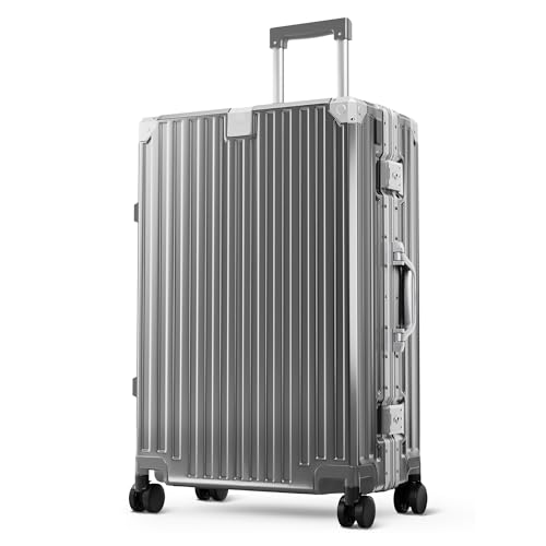 ALPHA CAMP 24 Inch Check-in Luggage, Dual Layer Aluminum Frame Luggage with TSA Locks,3-Layer PC Hard Shell Zipperless Lightweight Hardside Travel Suitcase,Type-C USB Charging Port, Cup Holder Grey